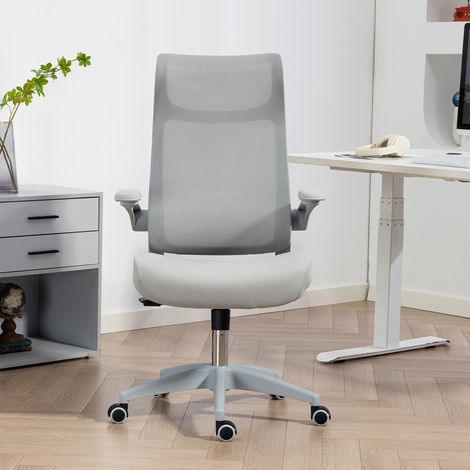 Fauteuil de bureau pivotant ergonomique avec assise en maille, soutien lombaire, accoudoirs rabattables, appui-tête inclinable, gris (1/5)