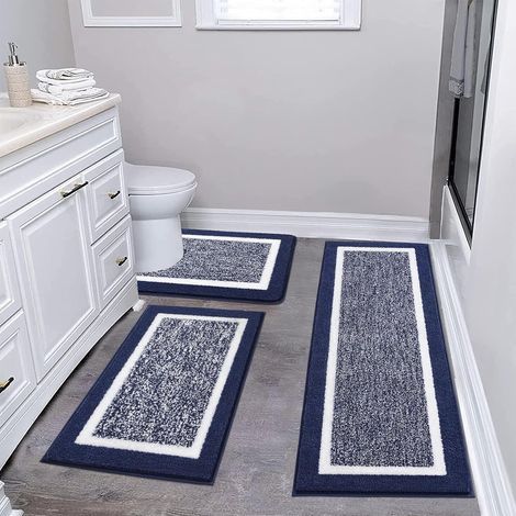 3-piece bathroom mat set, extra soft microfiber bathroom mats, non-slip and absorbent, navy blue (1/4)
