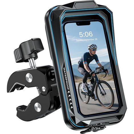 Support Téléphone Vélo Moto Universel 360° Rotation Porte Telephone Velo Guidon Etanche Support Telephone Trotinette Electrique Scooter avec Ecran Tactile pour Smartphones (1/5)