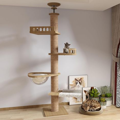 Arbre à Chat tendeur de Plafond, Capsule Spatiale, Hamac pour, Entièrement enveloppé de Corde en sisal, Largeur de 11 cm, Arbre à Chat Haut.(T04) (1/5)