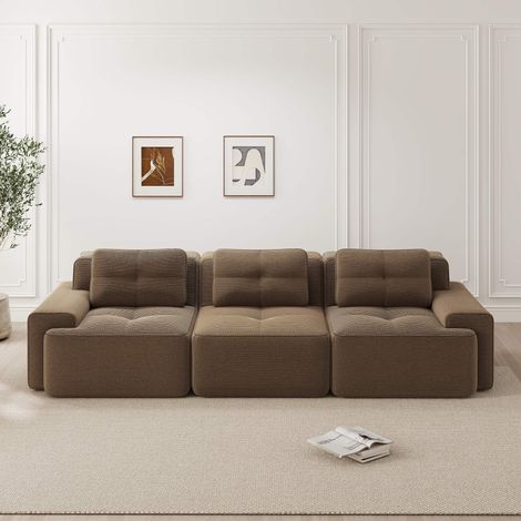 Canapé modulable 3 places en velours côtelé marron, sans structure, assise profonde 74 cm, mousse 32D, 293 x 104 x 69 cm (1/5)