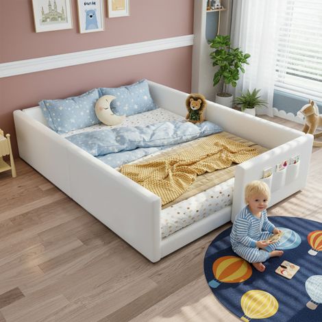 Lit rembourré, lit d'enfant, en PU, avec 3 poches de rangement pratiques, design à bordures, style moderne et minimaliste, PU + contreplaqué, blanc, 140 x 200 cm (1/5)