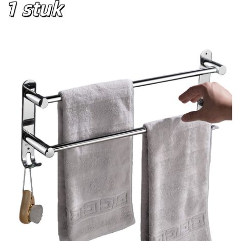 pièce - Porte-serviettes - Porte-serviettes de salle de bain - Barre porte-serviettes extensible - Acier inoxydable - Barre murale double - Convient pour la cuisine et la salle de bain - Argent (1/5)