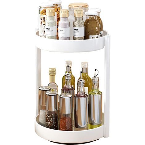 Plateau Tournant Epices Rangement Epices Cuisine 2 Etages étagère à épices Rotatif Métal Lazy Susan Organisateur pour Armoire(Blanc) (1/5)