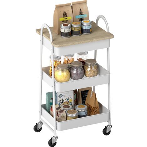 Küchenwagen, Servierwagen mit 3 Ebenen, oberes Tablett, Körbe, Griffe, 45 x 32 x 77,5 cm, Eiche (1/5)