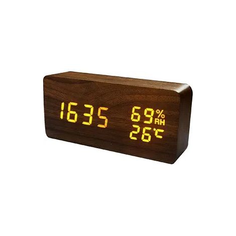 Réveil digital bois LED 15x7,5 cm – Thermomètre, hygromètre – USB rechargeable, 3 niveaux – Pour maison, bureau (1/5)