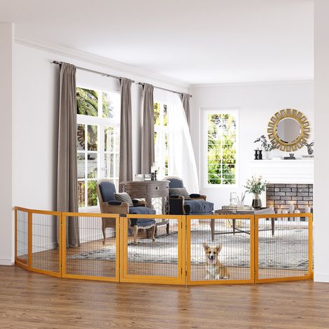 Barrière pliable pour chien, 432 x 36 x 70 cm, en pin, jaune (1/5)