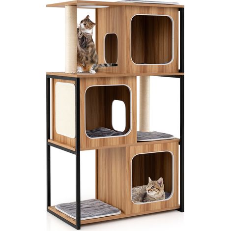 Arbre à chat moderne, maison pour chat avec cadre métallique et poteaux à griffer - naturel (1/5)
