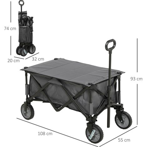 Chariot jardin pliable bâche amovible poignée télescopique, 5 sacs rangement 108x55x93cm gris foncé (1/5)