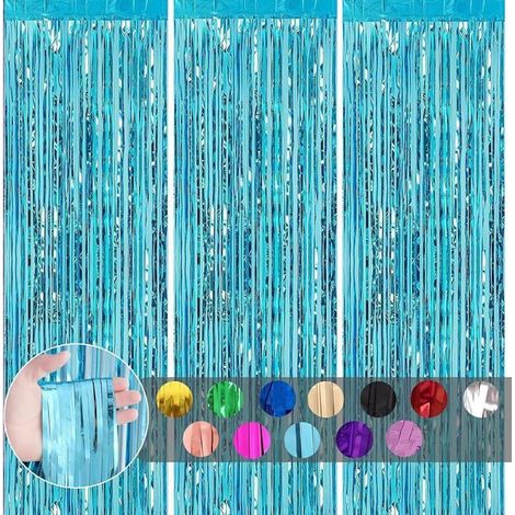 Ensemble de trois rideaux à pompons métalliques bleu clair, 1 mètre x 2 mètres, rideaux en feuille scintillante avec décorations étincelantes. (1/5)