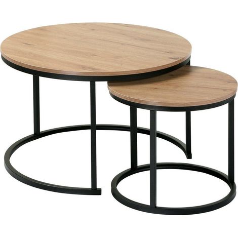 Calicosy – Lot de 2 tables basses gigognes rondes 70 cm – Panneaux mélaminés double face – Pieds métal noir – Design industriel
