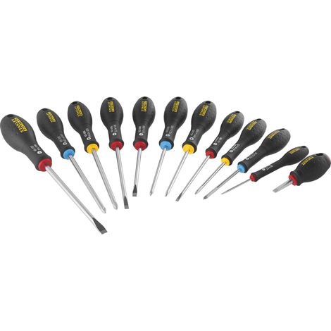 Stanley – Coffret de 12 tournevis électricien et mécanicien – Longueur 2.5 à 150mm – Manche soft grip antidérapant – Résistant aux produits chimiques