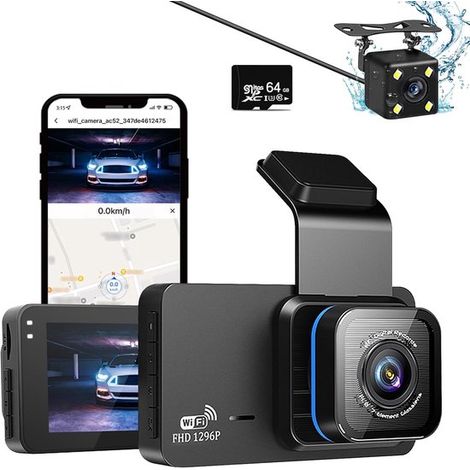 1296P Dash Cam doppia lente anteriore e posteriore Dashcam WiFi GPS telecamera per auto Dashboard Camera con scheda SD da 64 GB, visione notturna, Full HD, registrazione in loop, grandangolo 140°, con (1/5)