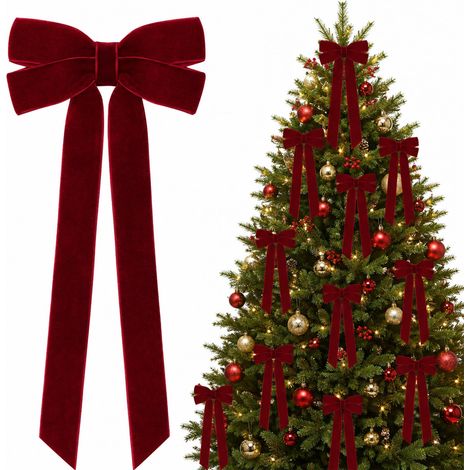 12x nœuds Rouges pour Sapin de Noël, nœud Velours 13x26cm (1/5)