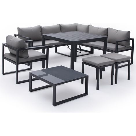 Happy Garden – Salon de jardin modulable IBIZA 7 places – Structure aluminium anthracite – Coussins épais en polyester – Table en verre trempé