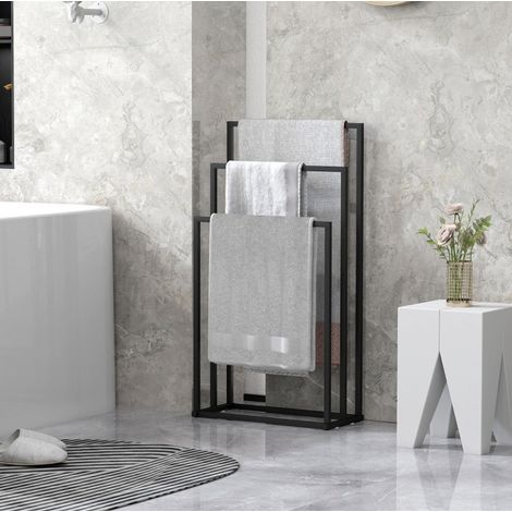 Toallero de pie con 3 barras, acero negro 45 x 21,5 x 85 cm OKMYHOME (1/5)