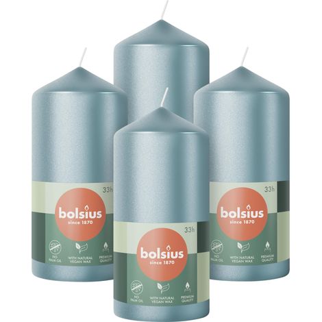 Bolsius Candele a pilastro, colore blu metallizzato, confezione da 4, 12 x 6 cm, durata di 33 ore, non profumate, include cera vegana naturale (1/4)