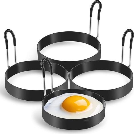 Moule Oeuf - Lot de 4 - Acier Inoxydable - Antiadhésif - Pour Œufs Crêpes Steaks - 7,5 cm - Noir (1/5)
