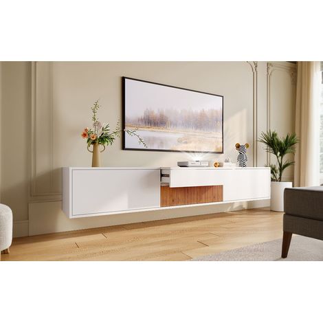 Meuble TV 180x30x30 support projecteur escamotable rangement installation murale ou sur pied design bicolore bois clair (1/4)