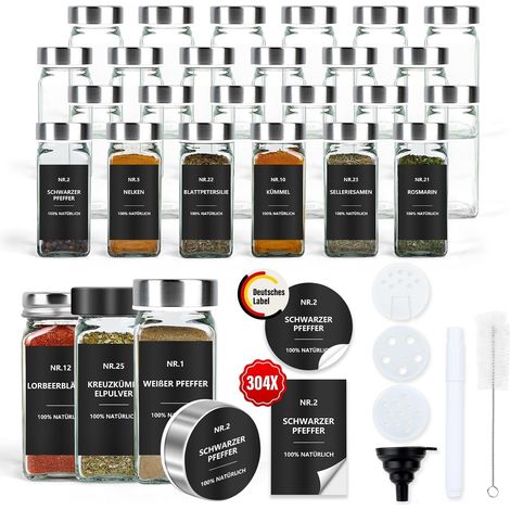 Lot de 24 bocaux à épices carrés avec étiquettes - En verre - 120 ml (1/5)