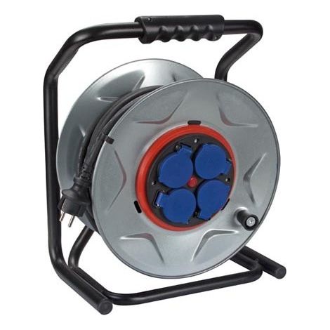 Perel Enrouleur de câble professionnel, dérouleur câble, rallonge électrique étanche, rallonge extérieure, 4 prises terre française avec clapets, système anti-torsion, 40 m, 3G2.5, gris/noir (1/8)