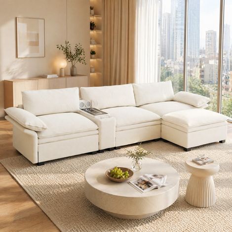 Canapé d’angle modulaire 4 places chenille beige OKMYHOME (1/5)