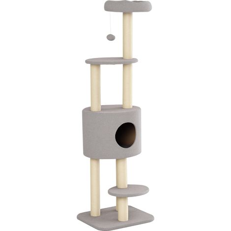 Albero per gatti con cuccia e trespoli 45 x 40 x 148 cm trespolo imbottito pali tiragraffi moderno stabile in legno grigio 210007639