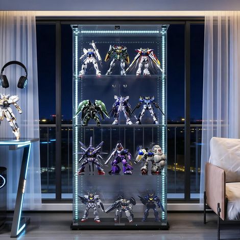 Vitrine en verre 4 étagères avec porte et serrure, éclairage LED, noir (1/5)