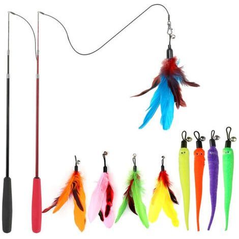 Jouet à plumes pour chats, canne à pêche interactive rétractable avec 9 recharges et deux hameçons de rechange pour chats et chatons d'intérieur. (1/4)