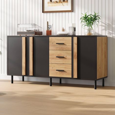 Credenza madia soggiorno moderna 140x35x70 cm con 3 ante e 3 cassetti in mdf mobiletto contenitore con 6 piedi in metallo nero e legno naturale (1/5)