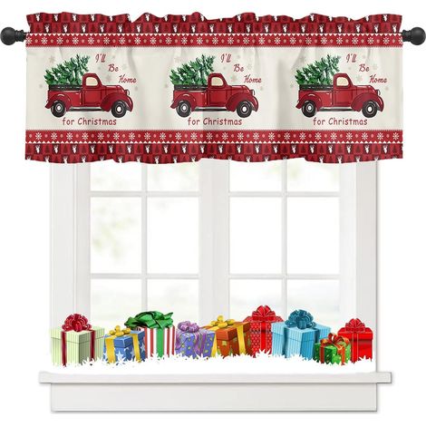 Rideau brise-bise de Noël - Rouge - Motif sapin de Noël - Motif cerf - Opaque - Pour cuisine, fenêtre - 145 x 45 cm (l x H) (1/5)