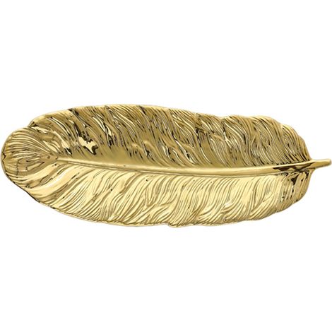 Plateau décoratif en céramique forme feuille, orné plumes réalistes, pour bijoux, bibelots, fruits (25x18 cm)