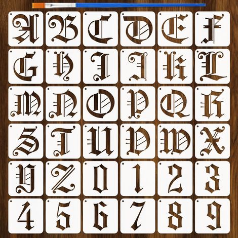 36 Pièces Pochoirs de Lettres et Chiffres Gothiques avec un Pinceau 10x10cm Pochoirs Peinture Symboles Gothiques Pochoir Chiffres Gabarit Thèmes Lettres PET pour Bois Sol Mur Tissu DIY (1/5)