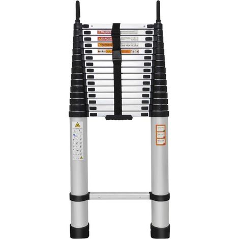 Professional ladder with 15 steps in aluminum, unfolded height 6.2m, 2 fixing hooks.