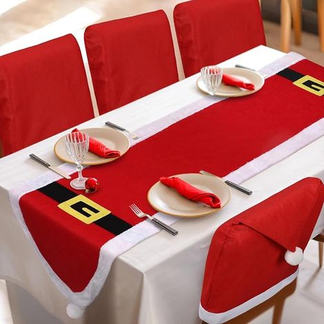 Ensemble de 6 Housses de Chaise de Noël à Motif Chapeau de Père Noël avec 1 Chemin de Table Rouge, pour Salle à Manger, Cuisine, Restaurant et Maison (1/4)
