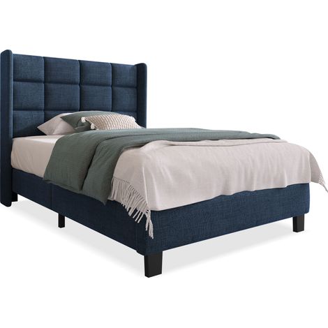 Letto Singolo 90×200 cm con Testiera Imbottita e Doghe, senza Materasso, in Lino Blu (1/5)