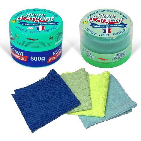 Lot économique 700g Pierre d'Argent ECOCERT avec 1 éponge classique, 1 éponge ergonomique et 4 mini chiffons antibactériens (1/5)