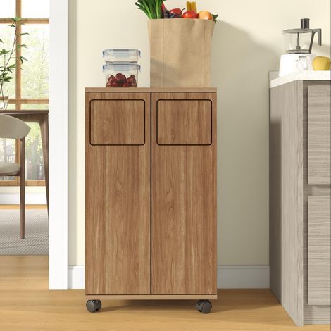 Meuble à poubelle à 2 compartiments, meuble de cuisine mobile aspect chêne, meuble de tri des déchets à 2 portes avec roulettes, pour cuisine et salle à manger, 46,7 x 35 x 80 cm