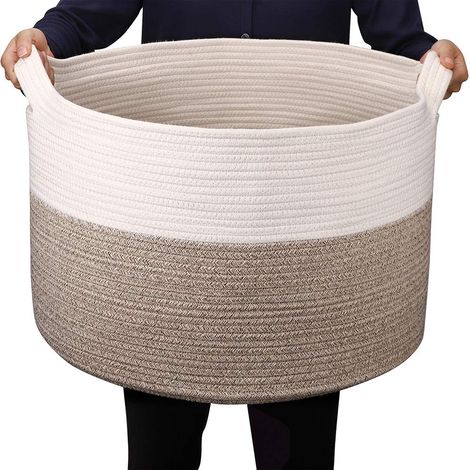 Corbeille à linge Panier Rangement D55XH35cm pour Salon Gris Blanc Panier Rond Jute (1/5)