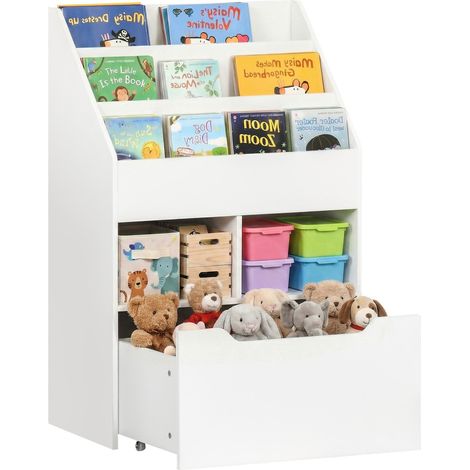 Bibliothèque enfant en bois avec 3 compartiments, 2 cubes et tiroir mobile à 4 roulettes, 60 x 29,9 x 90 cm, blanche (1/5)