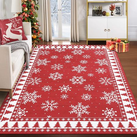 Tapis de salon de Noël antidérapant lavable en machine, motif flocons & sapin bordeaux, doux moderne poils ras pour chambre/salle à manger – 140x200 cm – bordeaux – Allemagne (1/5)