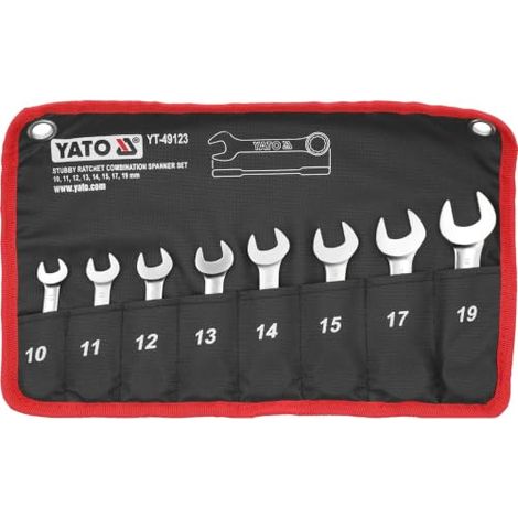 YATO, modelo YT-49123, Juego de llaves combinadas cortas con carraca, ideal para trabajos mecánicos y de precisión, set de 8 piezas, acero cromado, uso profesional