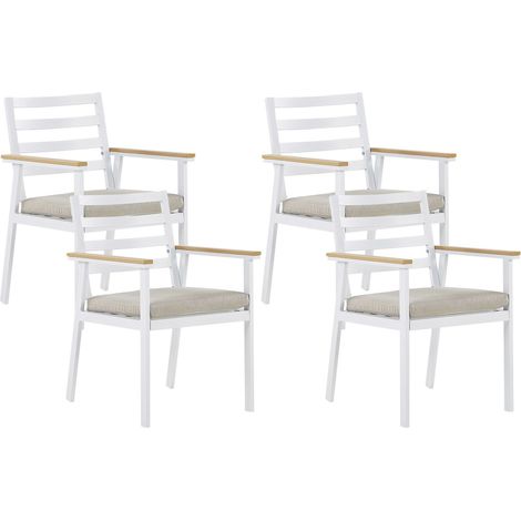 Set di 4 Sedie da Giardino in Allumino Bianco con Cuscini Beige Cavoli