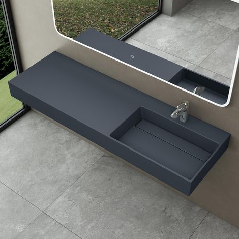 doporro Waschbecken Waschtisch 150x48x13 cm mit verstecktem Ablauf in matt Anthrazit aus Mineralguss als Aufsatzwaschbecken und Hängewaschbecken geeignet Colossum12-R