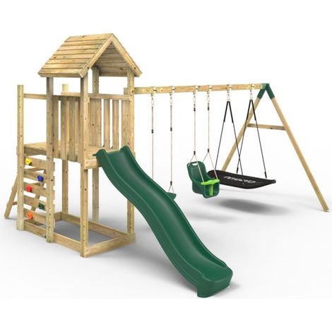 Rebo Extended Tower Wooden Climbing Frame with Swings & Slide - Snowdon