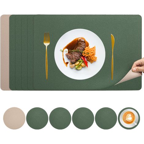 Set de Table Lavable, Set de Table Cuir Double Face avec des sous-Verres, Sets de Table Plastique, Set Table Napperon Rectangulaire (Vert foncé + abricot, Lot de 6)