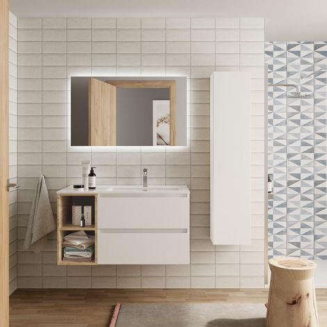 Meuble de salle de bain BEQUIA Plus 100cm Blanc mat /Chêne Vasque Porcelaine Robinet à droite (1/5)