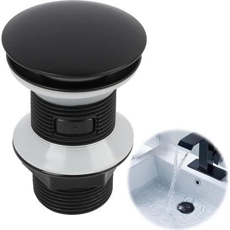 Bonde de Lavabo Universel, Bonde Clic Clac pour Évier, Bonde Lavabo sans Trop Plein, Bonde de Salle de Bain Pop-up, Mécanisme Pop-Up, pour Lavabos de Tous Genres, Installation Facile, Noir (1/5)