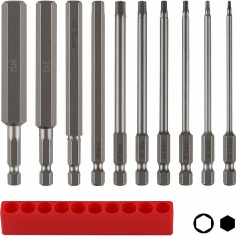 Lot de 10 embouts hexagonaux de 100 mm de long avec rangement d'embouts, tige hexagonale S2 H1,5-H12, clé Allen métal couleur (1/4)