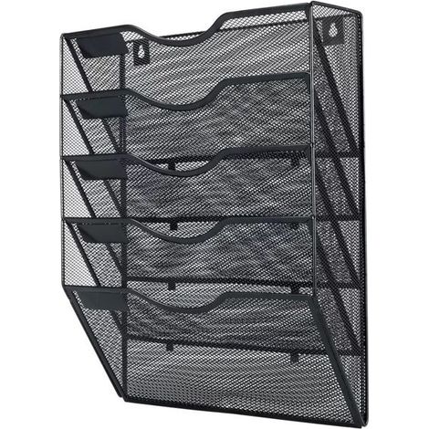 Wall-mounted 5-slot black metal magazine rack, perfect for school or office – organizes your A4 magazines and documents. (1/4)